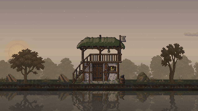 Archer hut, tier two: the completed timber lookout through a day and night.