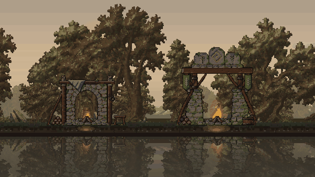 Staged damage removes pieces from the two hearths in successive impacts, scattering debris.