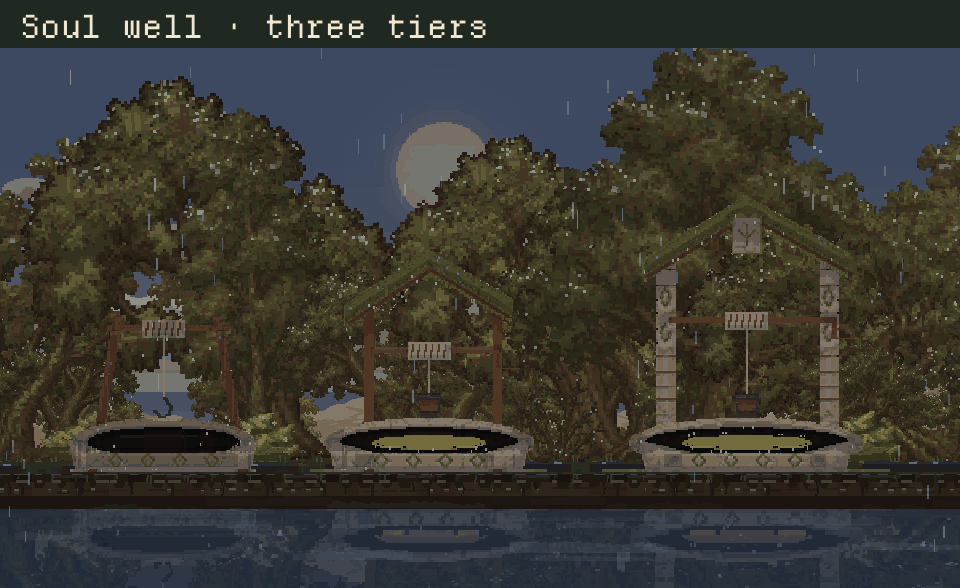 Three redrawn Soul well tiers in rain, followed by the same staged woodland scene at night.