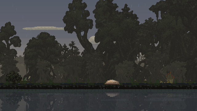 Rain and a passing gust move through swamp trees, root arches and marsh plants beside the water.