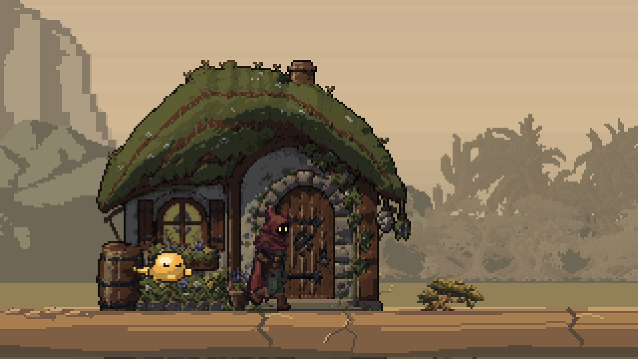 The wanderer runs beside a turf-roofed stone cottage on a sandy road.