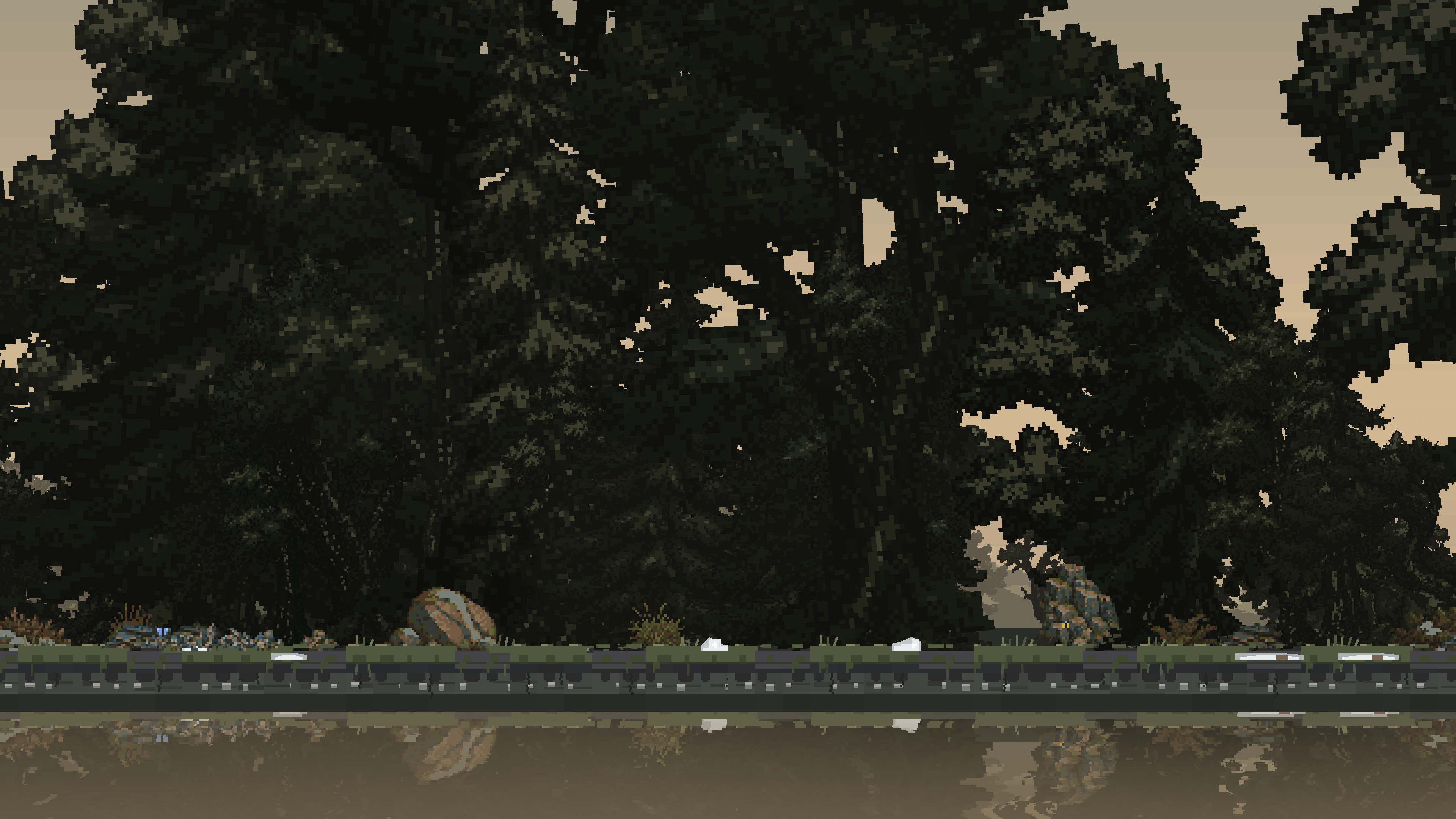 Mountain biome by day, with its pines and distant skyline.