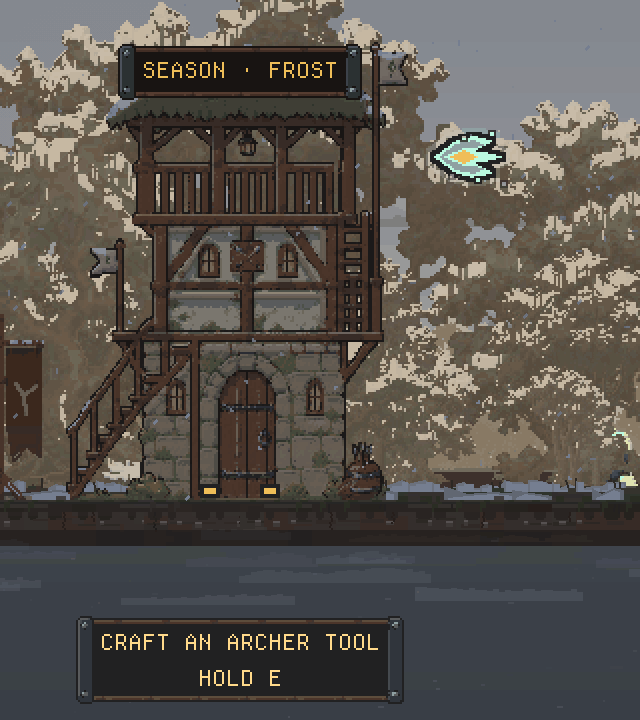 Light and particles move through the crown beside a snowy archer building, above the prompt to craft an archer tool.
