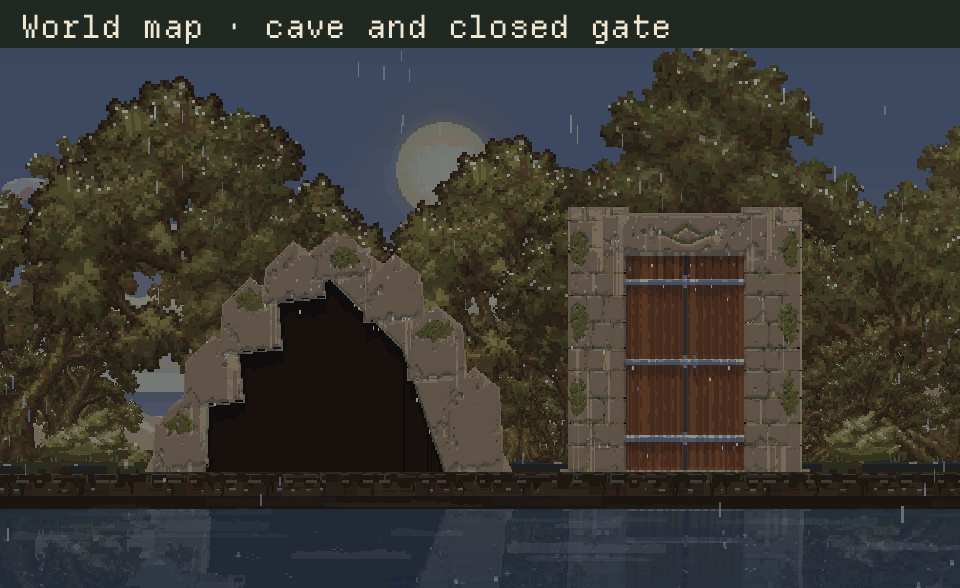 World-map cave and closed gate, open gate and mountain, then the wall, staged in the woodland review setting.